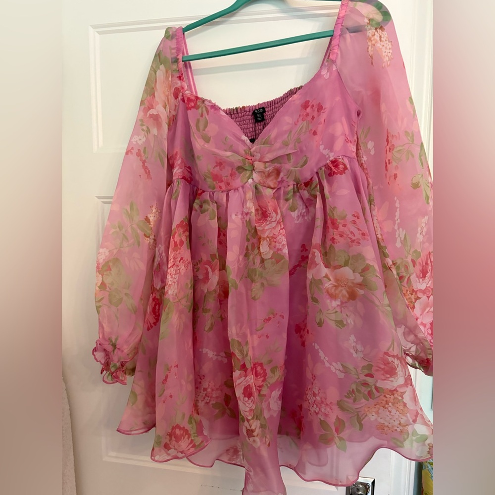 Pink and Green Ruffled Mini Dress with Tie Front. Selkie lookalike